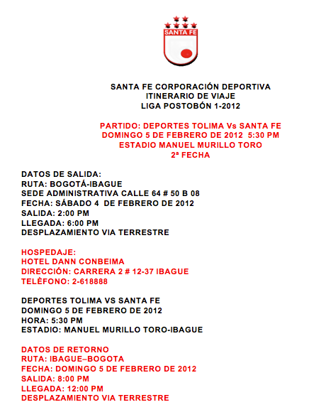 Itinerario ibague